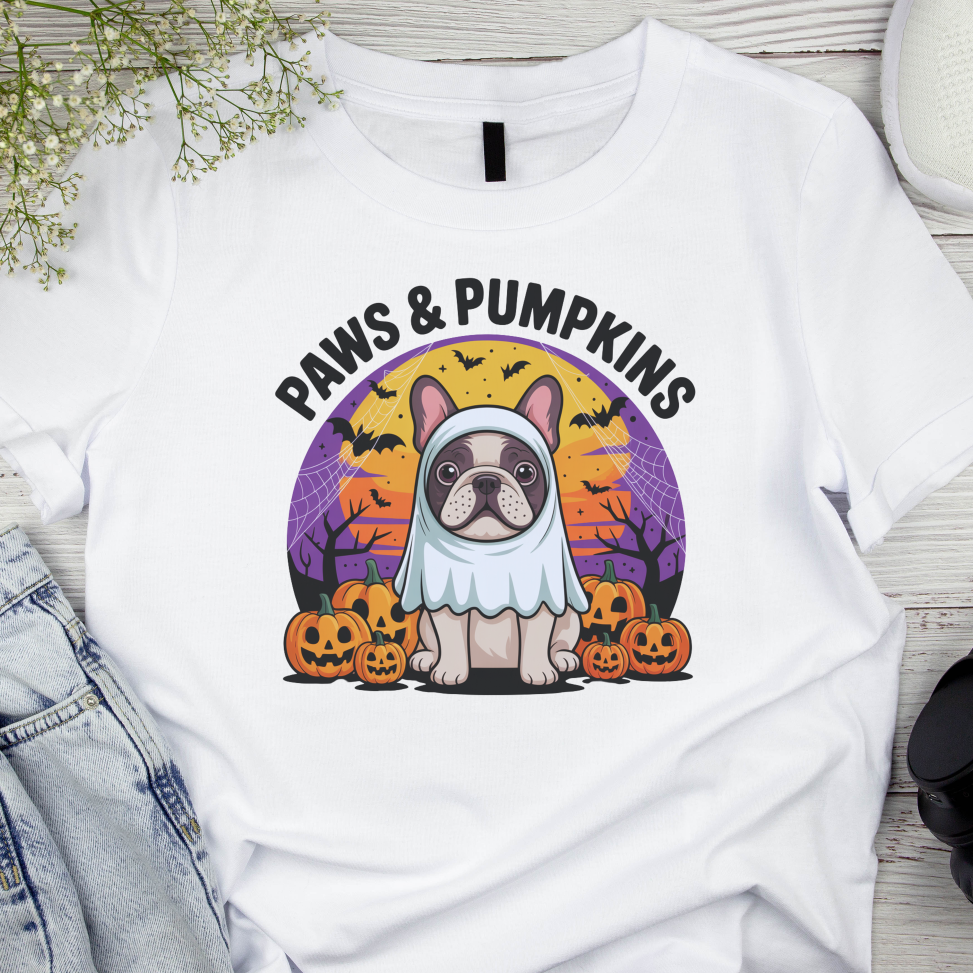White t-shirt with Halloween-themed design featuring a dog in a ghost costume and pumpkins.