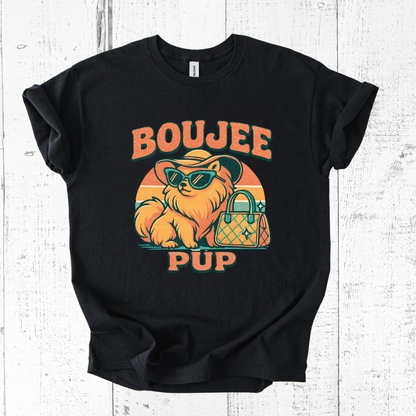 Black t-shirt with 'BOUJEE PUP' graphic design on a white wooden background