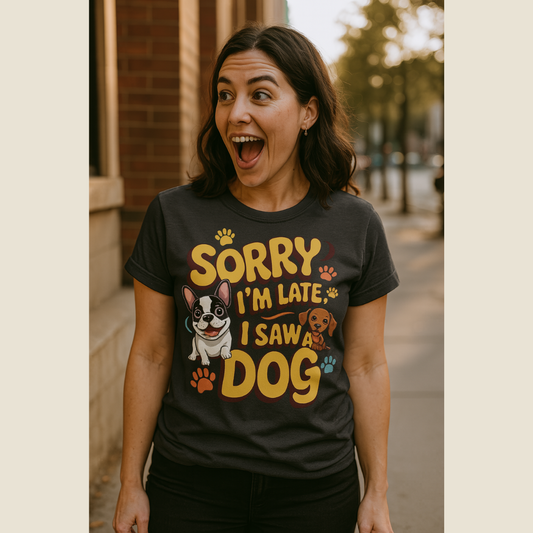 Woman wearing a black t-shirt with a dog-themed graphic and text "Sorry I'm Late, I Saw A Dog".