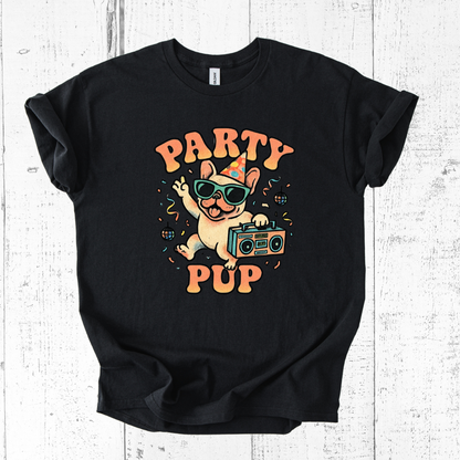 Black t-shirt with 'Party Pup' graphic design on a white wooden background