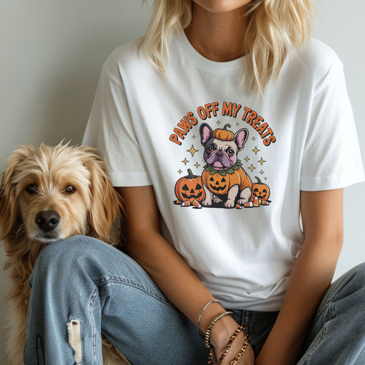 Person wearing a white t-shirt with a Halloween-themed design featuring a dog and pumpkins, sitting next to a dog.