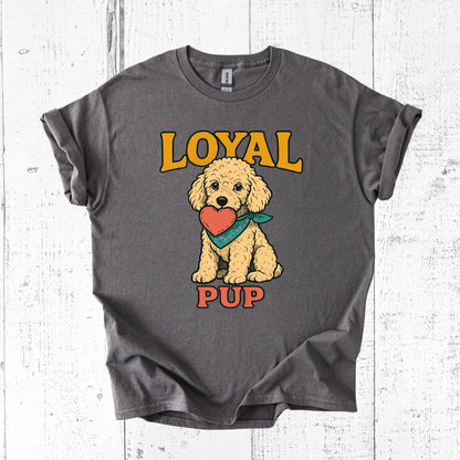 Gray t-shirt with a dog graphic and 'Loyal Pup' text on a wooden surface
