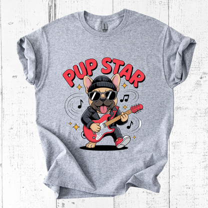 Gray t-shirt with a cartoon dog playing guitar and 'Pup Star' text on a white background