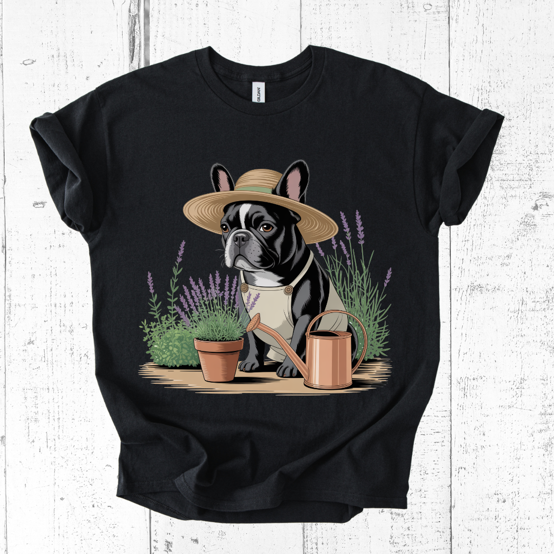 Black t-shirt with a graphic of a dog wearing a hat and holding a watering can, surrounded by plants on a white wooden background.