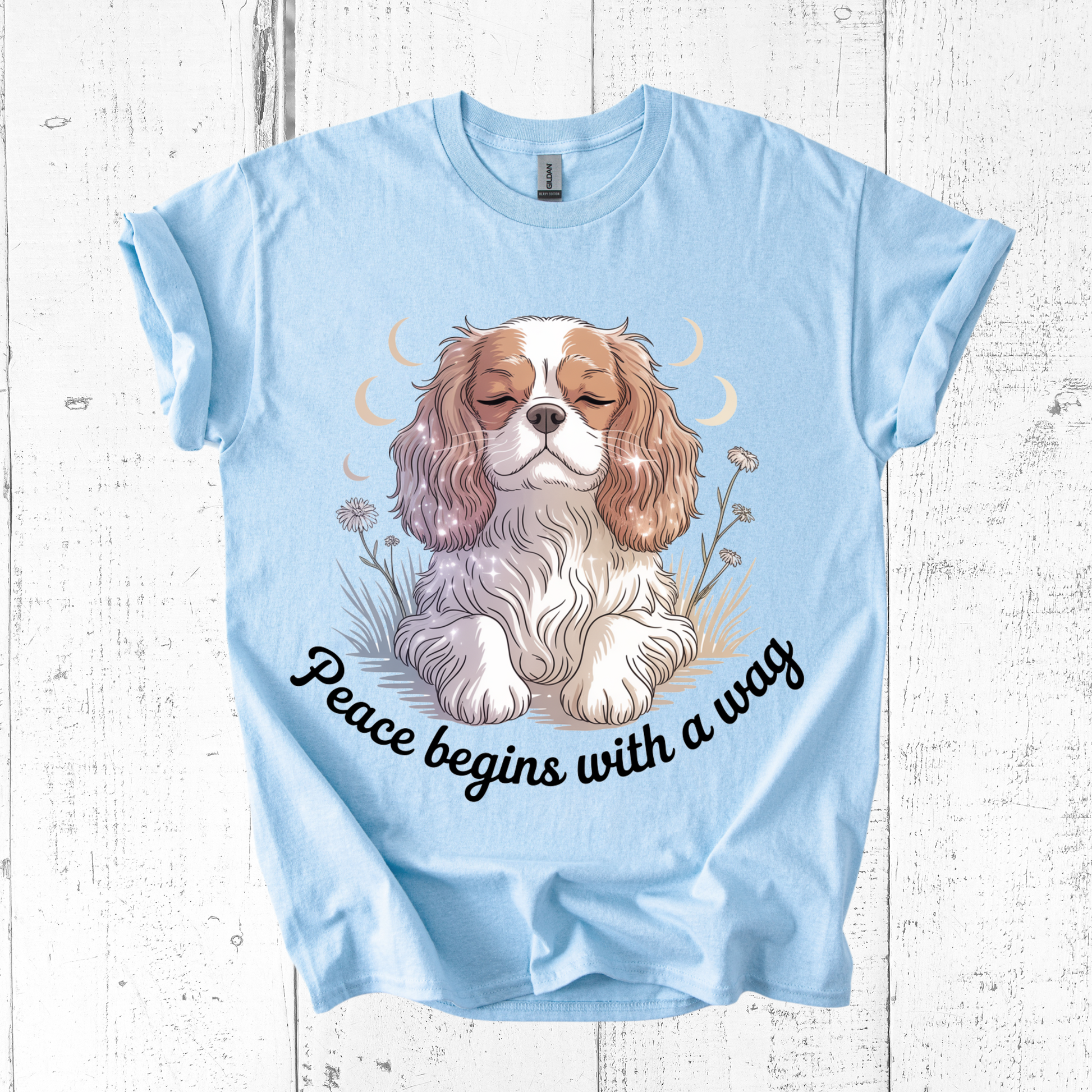Light blue t-shirt with a dog graphic and 'Peace begins with a wag' text on a wooden surface.