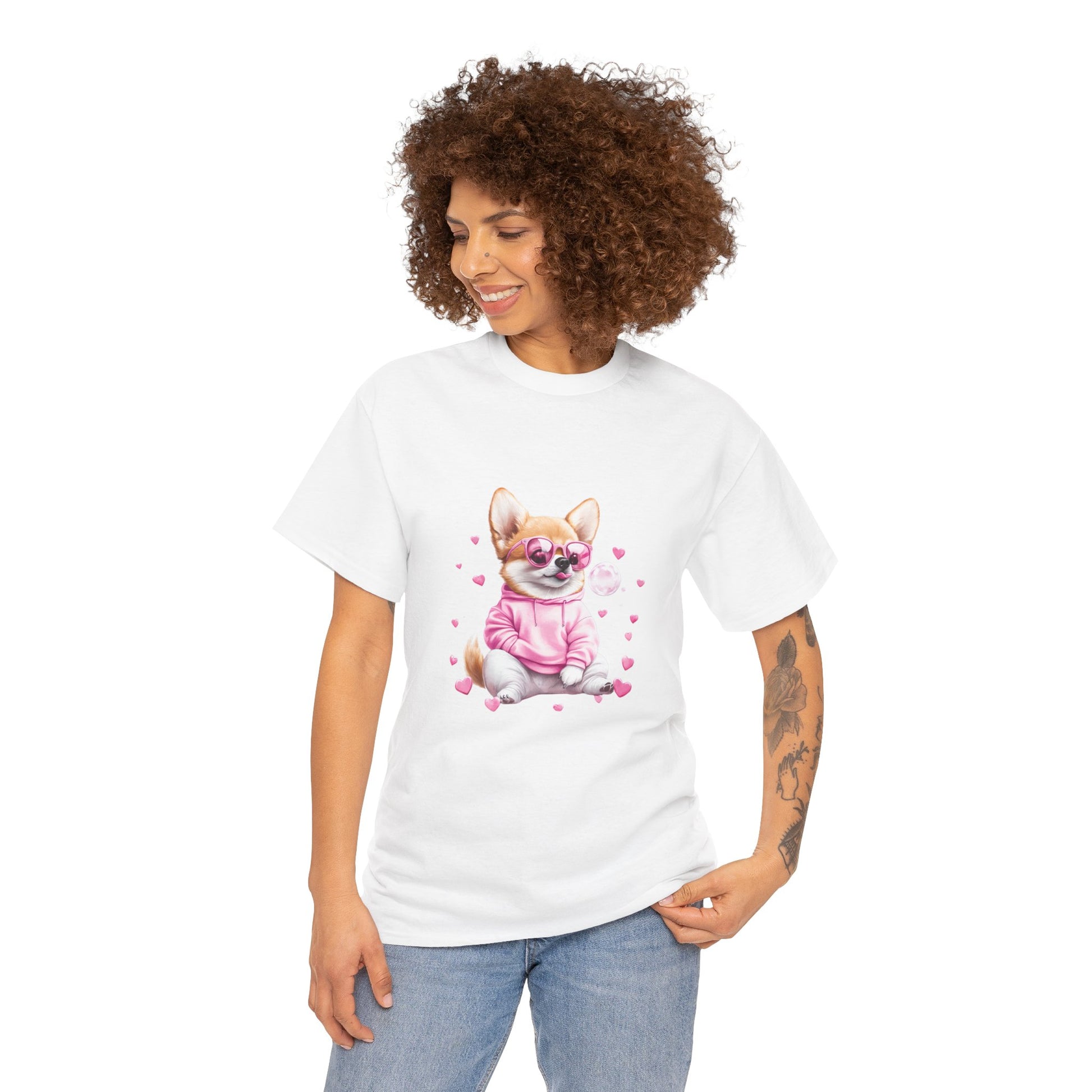 Playful Corgi cartoon tee highlighting the breed's iconic wigglebutt - pink heart accents and humorous design