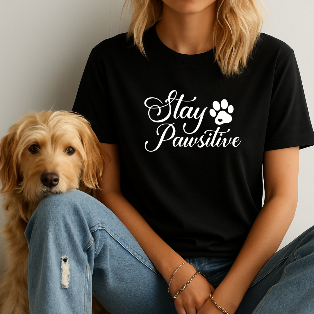 Person wearing a black t-shirt with 'Stay Pawsitive' text sitting next to a dog.