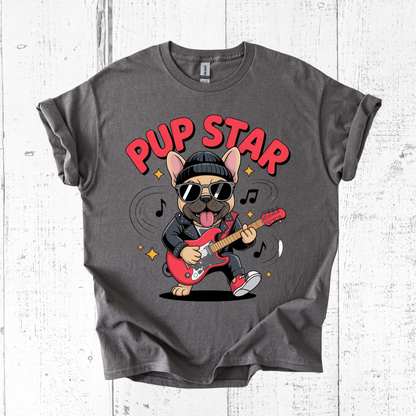 Gray t-shirt with a dog playing guitar and 'Pup Star' text on a white wooden background
