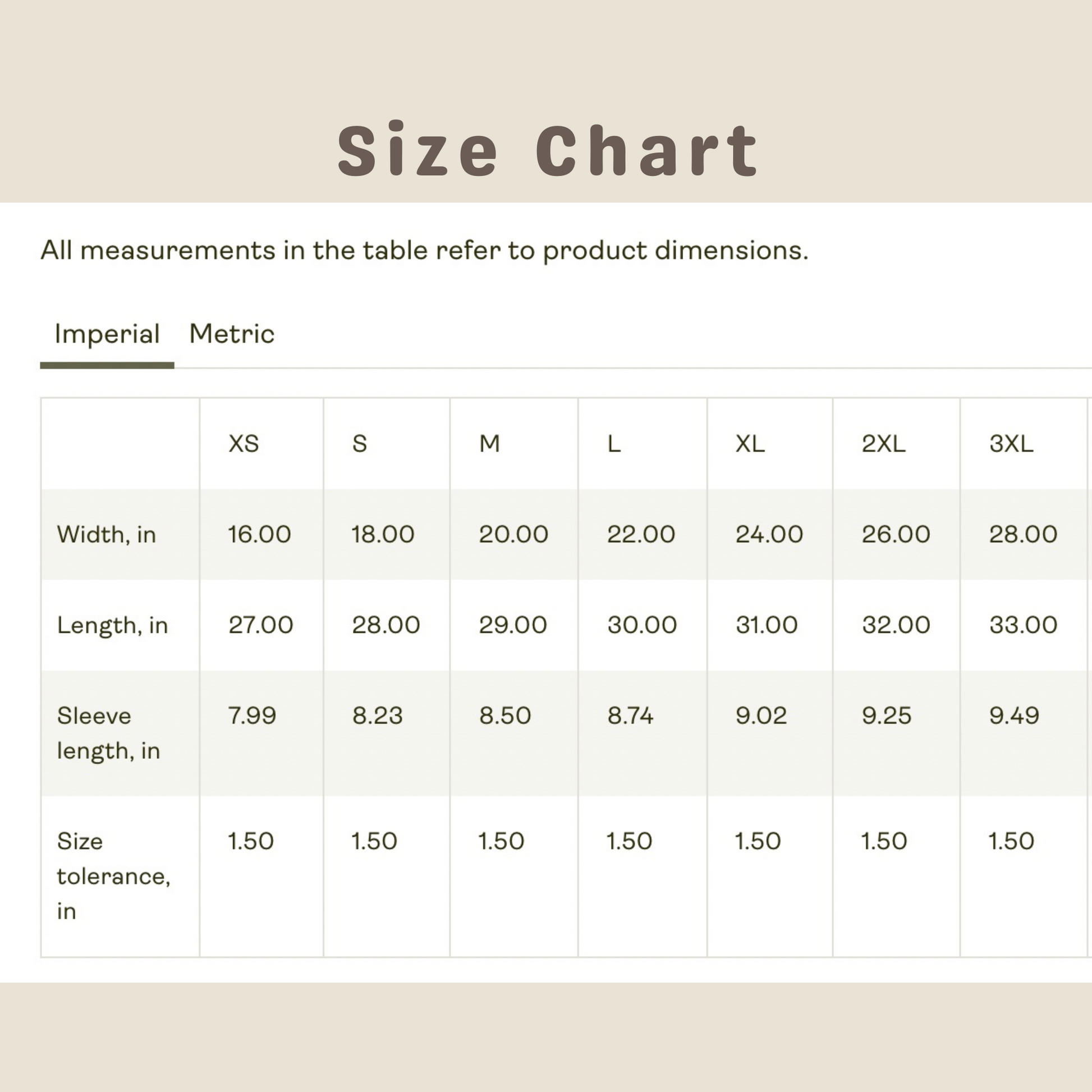 Size chart for clothing measurements in imperial and metric systems.