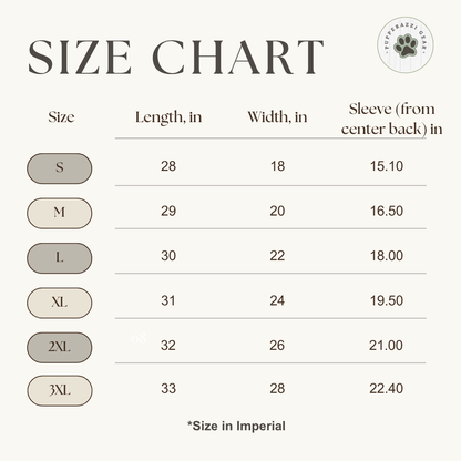 Size chart for clothing with measurements in inches