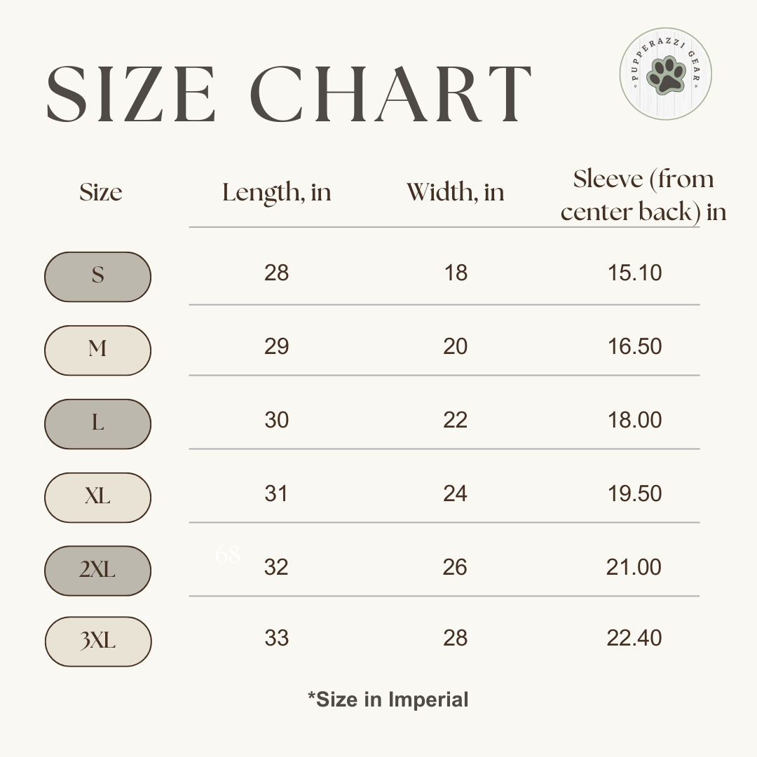 Size chart for clothing with measurements in inches