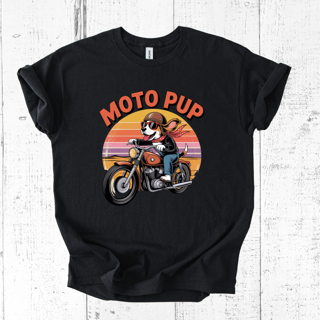 Black t-shirt with 'Moto Pup' graphic on a wooden surface