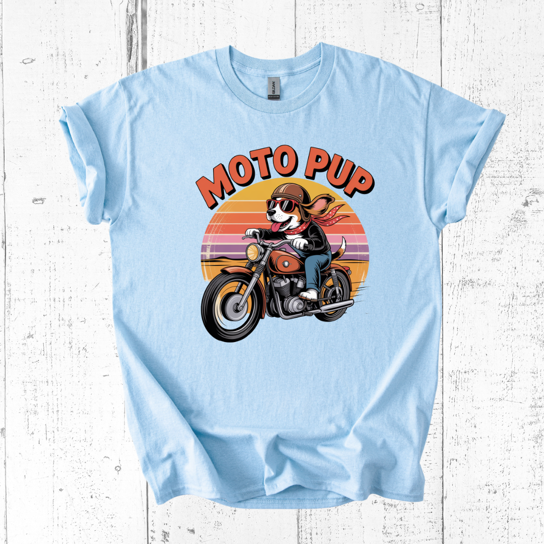 Light blue t-shirt with 'Moto Pup' graphic on a wooden surface