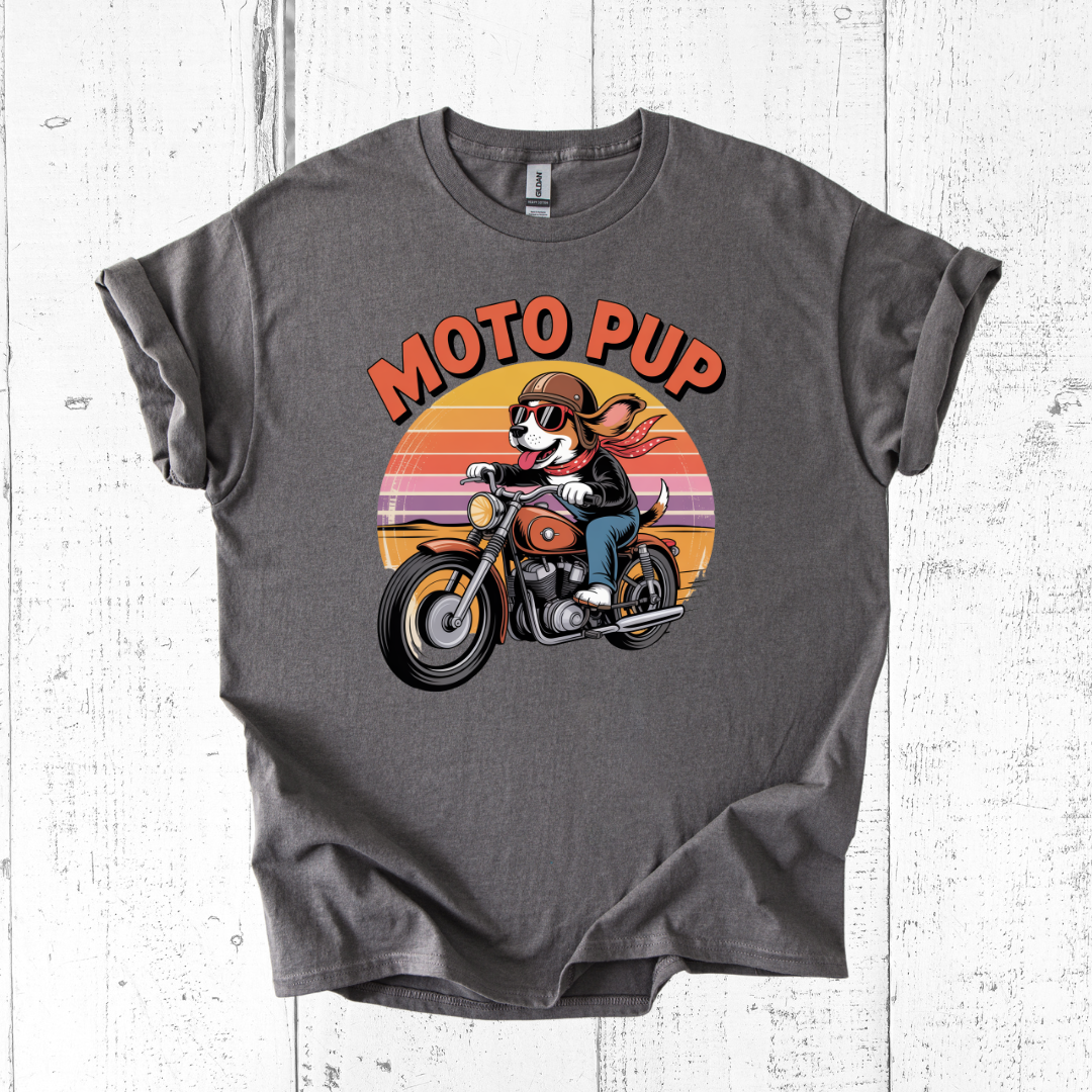 Gray t-shirt with 'Moto Pup' graphic on a wooden surface