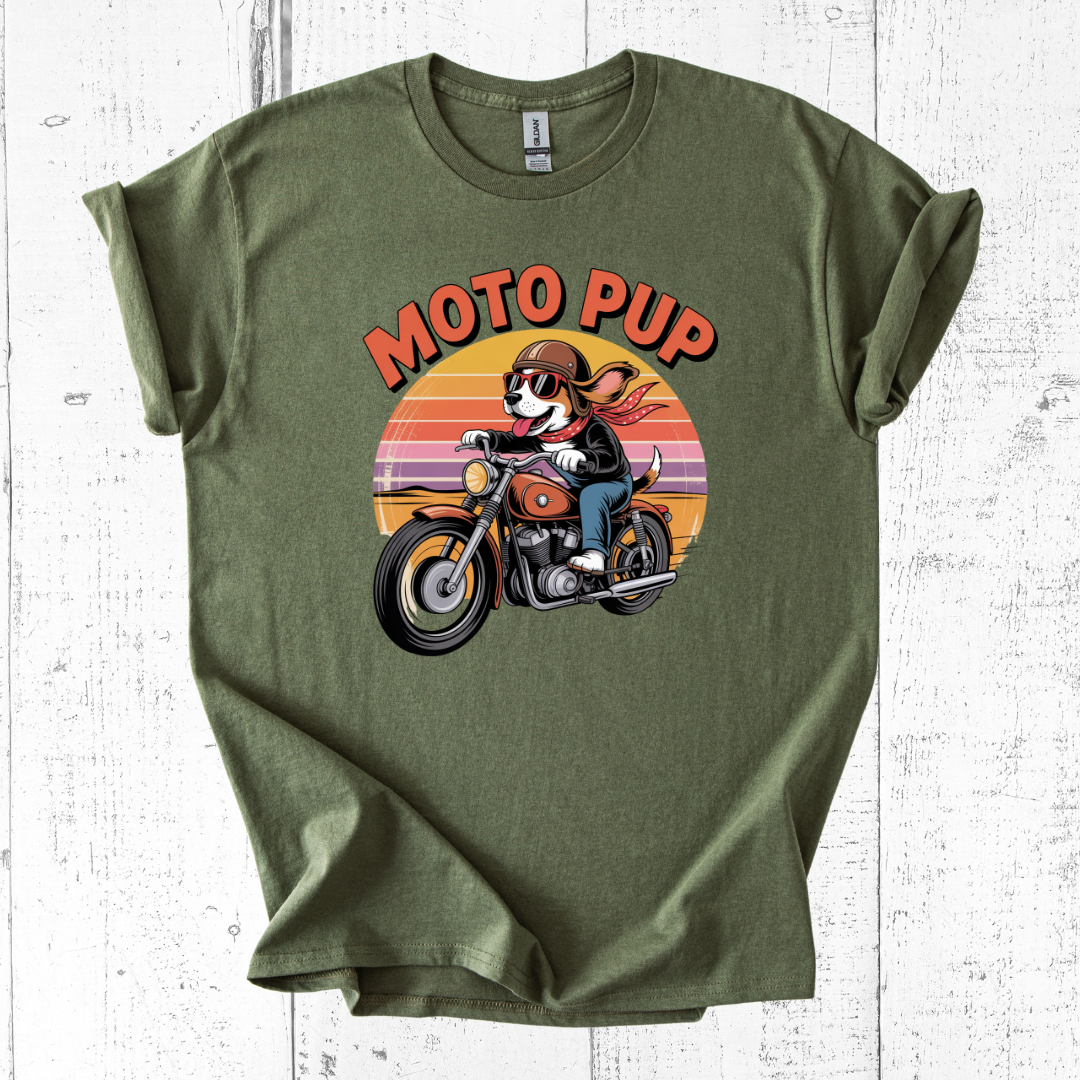Military Green t-shirt with 'Moto Pup' graphic on a white wooden background