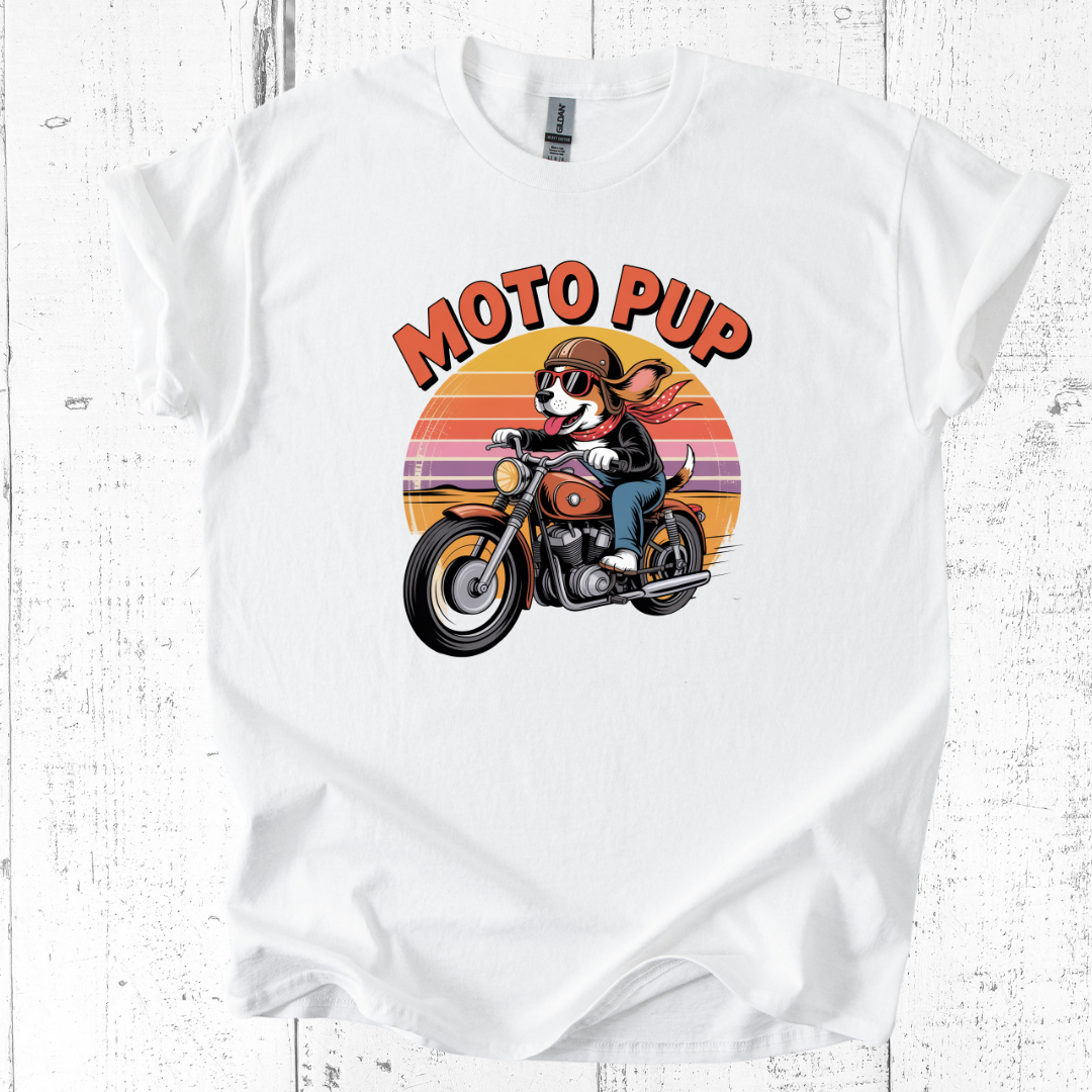 White t-shirt with 'Moto Pup' graphic design featuring a dog on a motorcycle against a sunset background.
