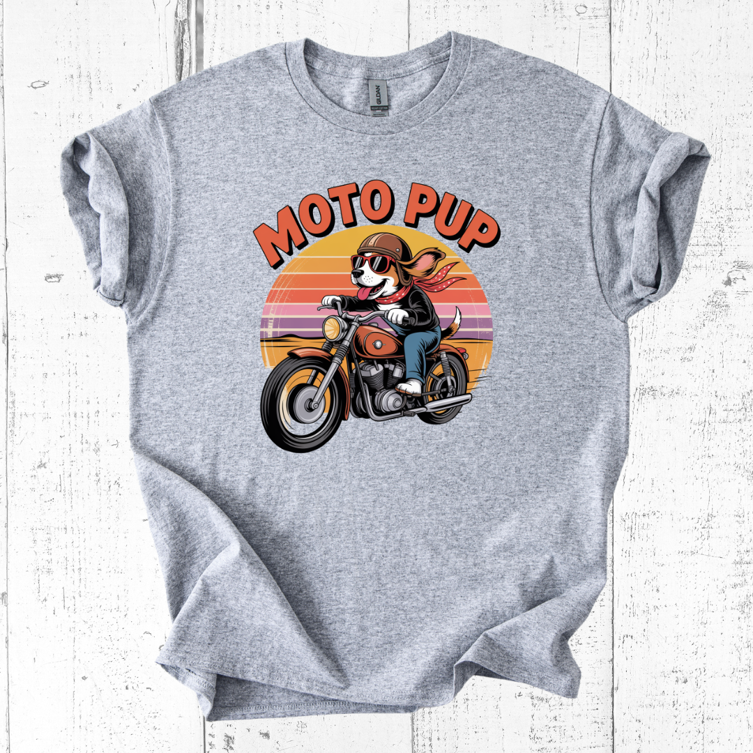 Gray t-shirt with 'Moto Pup' graphic design featuring a dog on a motorcycle against a sunset background.