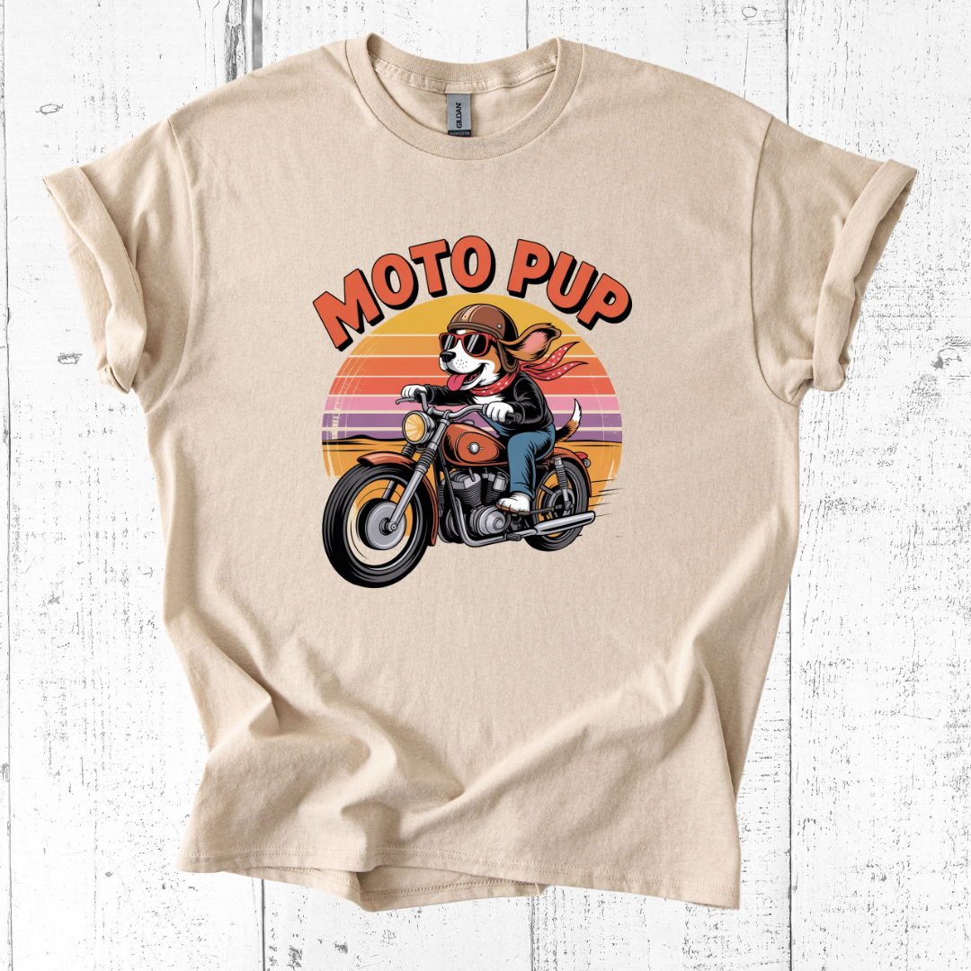 Beige t-shirt with 'Moto Pup' graphic on a white wooden background