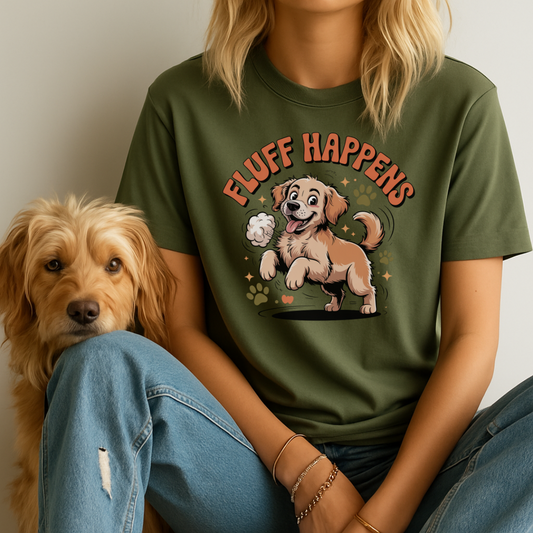Person wearing a green t-shirt with a dog graphic and 'Fluff Happens' text, sitting next to a dog.