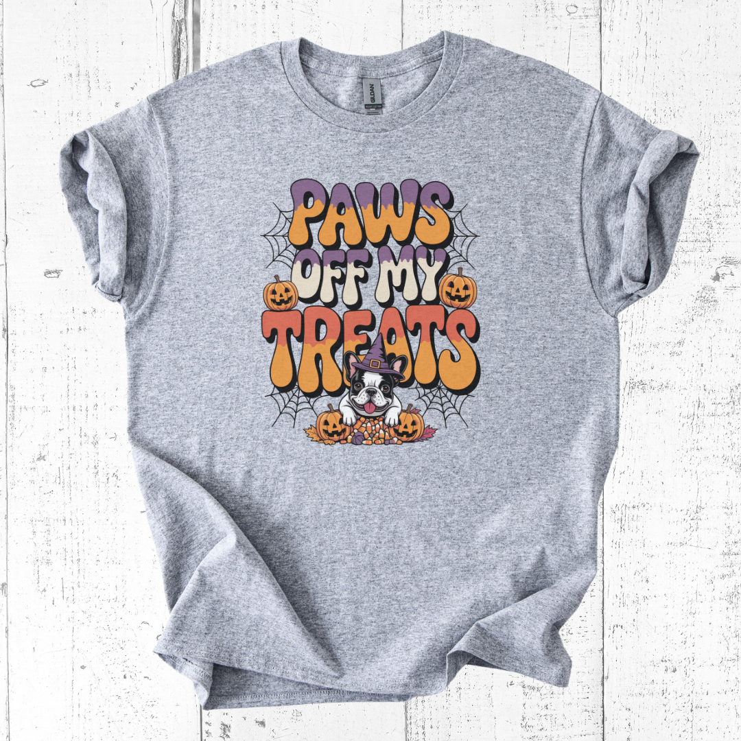 Gray t-shirt with Halloween-themed design featuring text and graphics on a wooden surface.