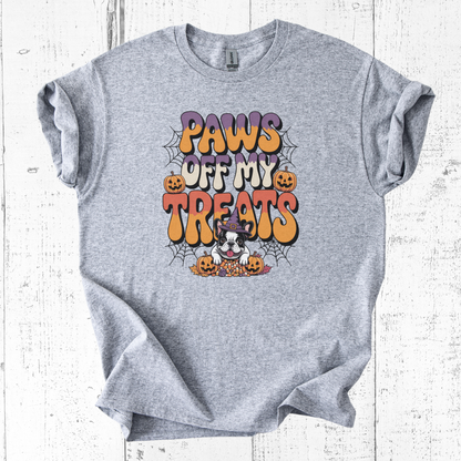 Gray t-shirt with Halloween-themed design featuring text and graphics on a wooden surface.