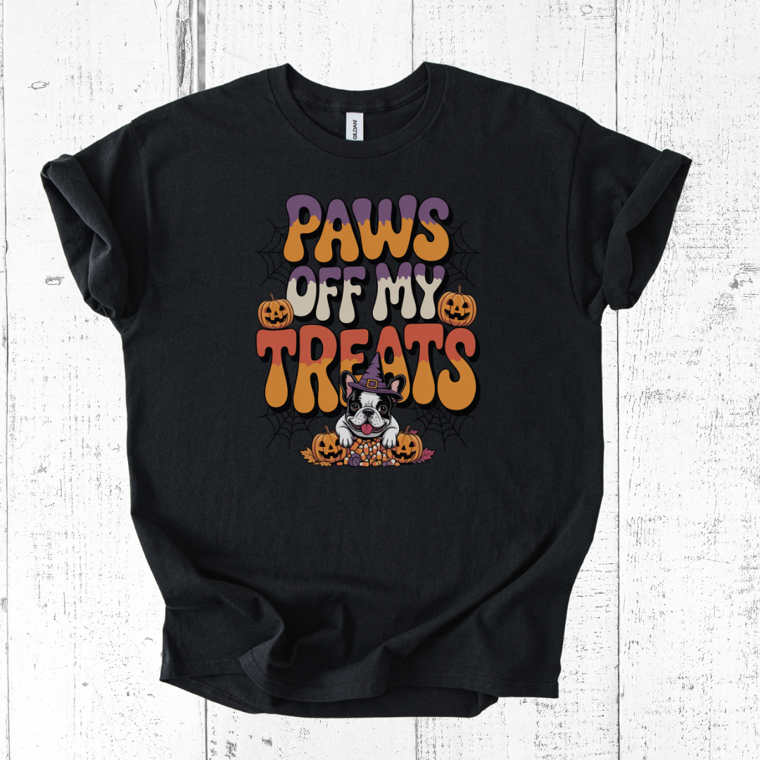 Black t-shirt with Halloween-themed design featuring a dog and text on a white wooden background