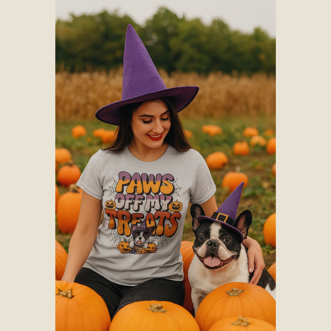 Woman wearing a Halloween-themed shirt and purple witch hat with a dog in a pumpkin patch.