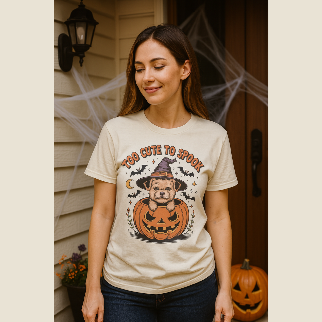 Woman wearing a Halloween-themed t-shirt with a dog in a pumpkin design, standing in front of a door with spider webs.