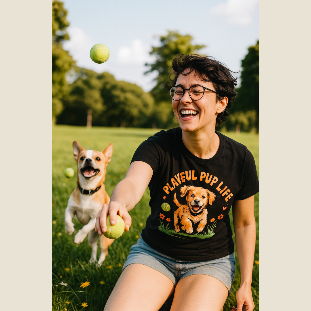 Woman playing fetch with a dog in a park, wearing a 'Playful Pup Life' t-shirt.