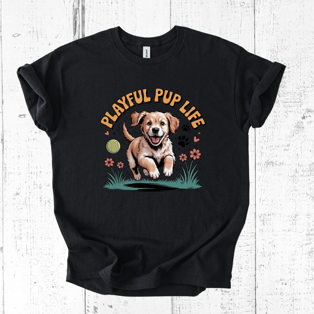 Black t-shirt with a dog graphic and 'Playful Pup Life' text on a wooden surface