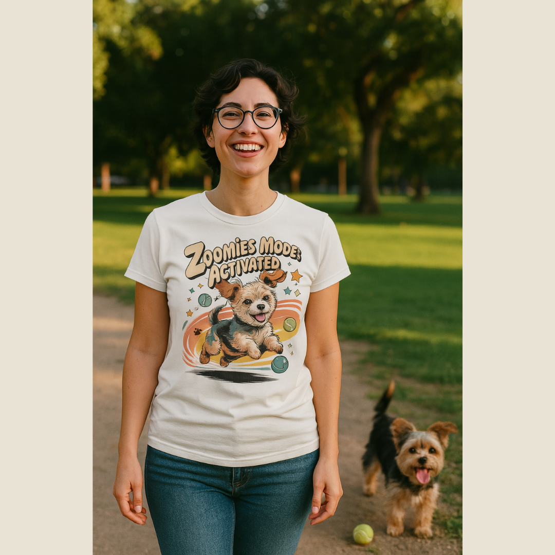 Image of a woman wearing a white tee with dog graphic and text that says "Zoomies Mode: Activitated".