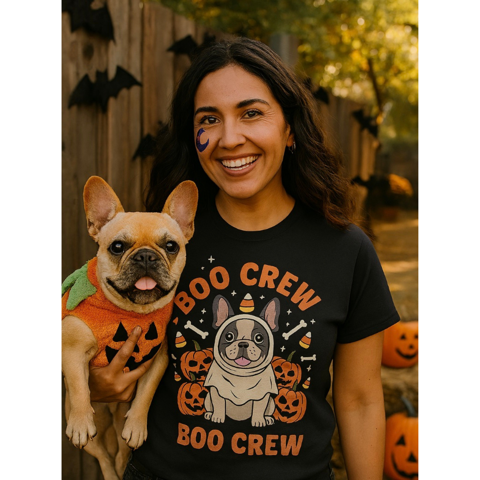 Woman wearing a 'Boo Crew' t-shirt with a dog in a pumpkin costume, surrounded by Halloween decorations.