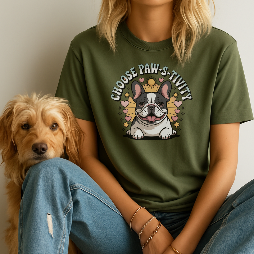 Person wearing a green t-shirt with a dog graphic and text, sitting next to a dog.