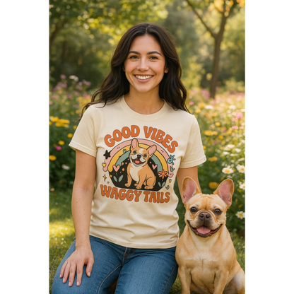 Woman wearing a 'Good Vibes Wiggly Tails' t-shirt with a dog in a field.