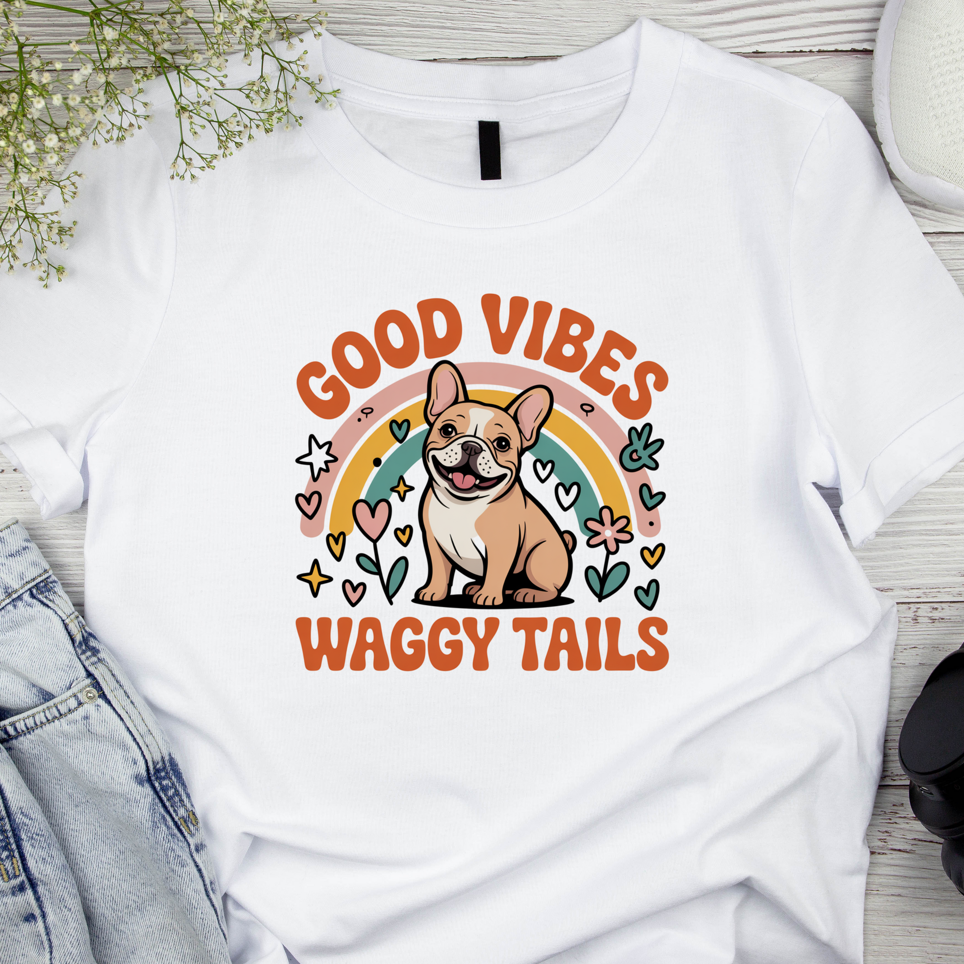 White t-shirt with a dog graphic and 'Good Vibes Waggy Tails' text on a wooden surface.
