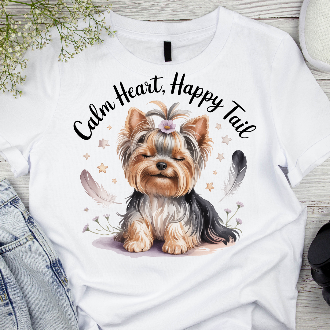 White t-shirt with a dog illustration and 'Calm Heart, Happy Tail' text on a wooden surface.