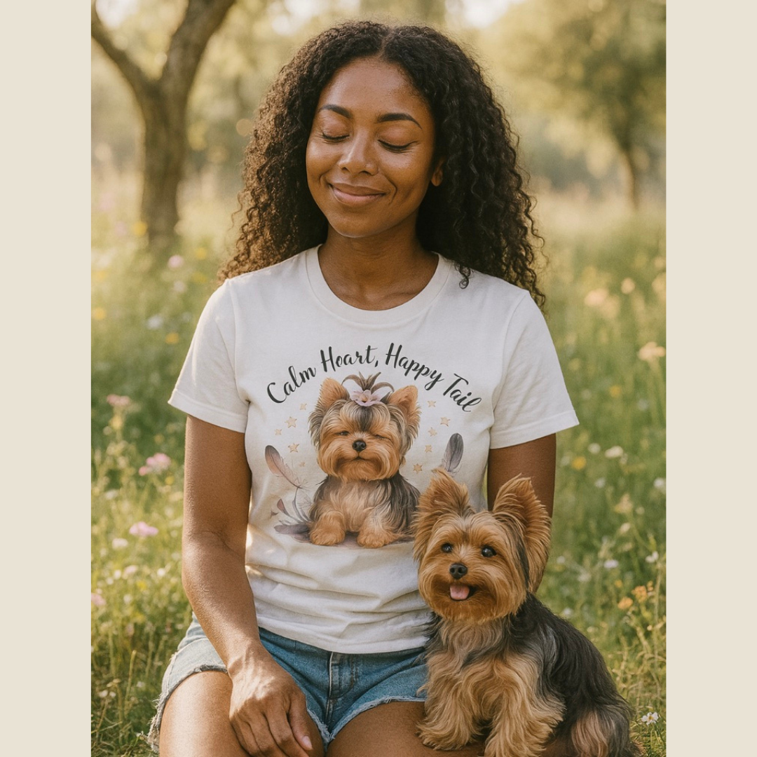 Woman wearing a t-shirt with a dog illustration and text, sitting in a field with a dog.