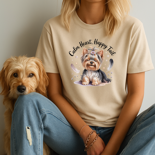 Person wearing a t-shirt with a dog graphic and text, sitting next to a dog.