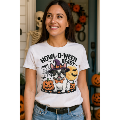 Woman wearing a Halloween-themed t-shirt with a dog graphic and text in a decorated room.