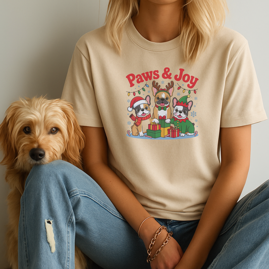 Person wearing a beige t-shirt with 'Paws & Joy' design sitting next to a dog.
