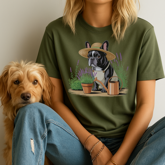 Person wearing a green t-shirt with a dog graphic, sitting next to a dog.