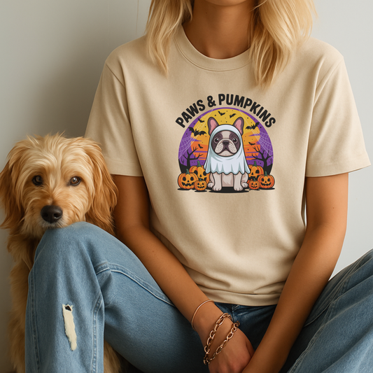 Person wearing a t-shirt with a dog graphic and 'Paws & Pumpkins' text, sitting next to a dog.