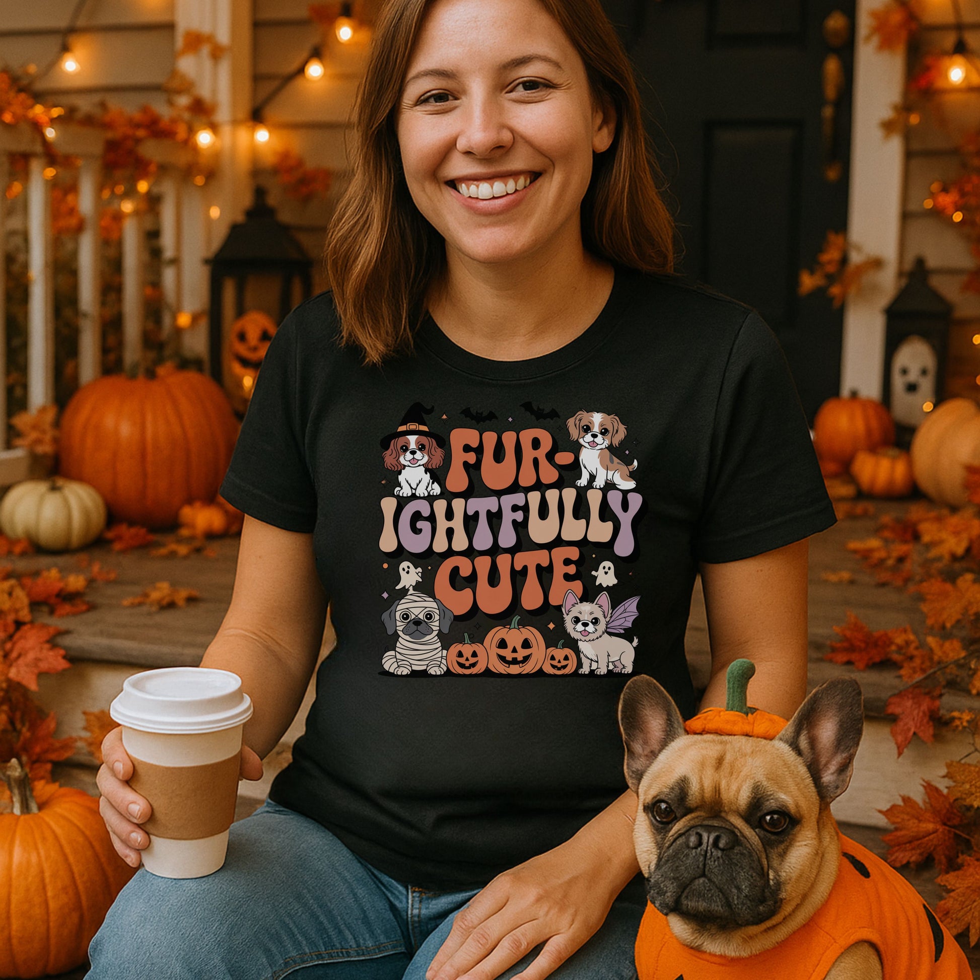 Woman wearing a 'Fur-ightfully Cute' shirt with a dog in a pumpkin costume, surrounded by Halloween decorations.