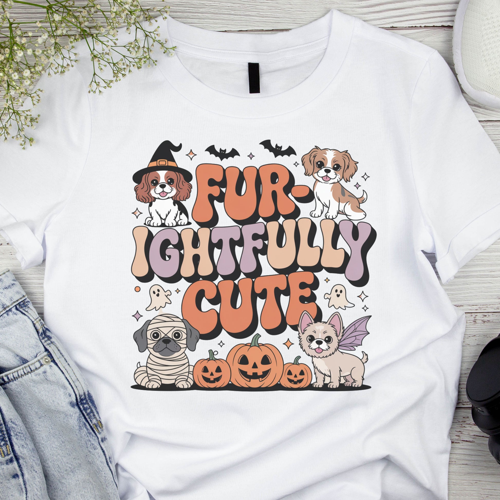 White t-shirt with Halloween-themed design featuring dogs and text on a wooden surface.