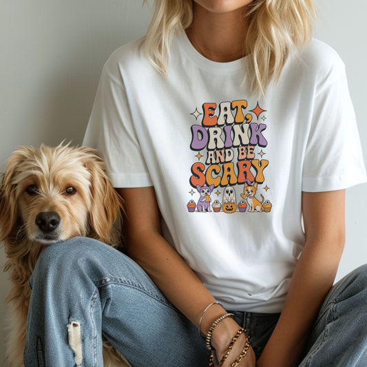 Person wearing a white t-shirt with Halloween-themed design sitting next to a dog.
