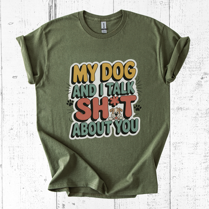 Green t-shirt with humorous text design on a white wooden background