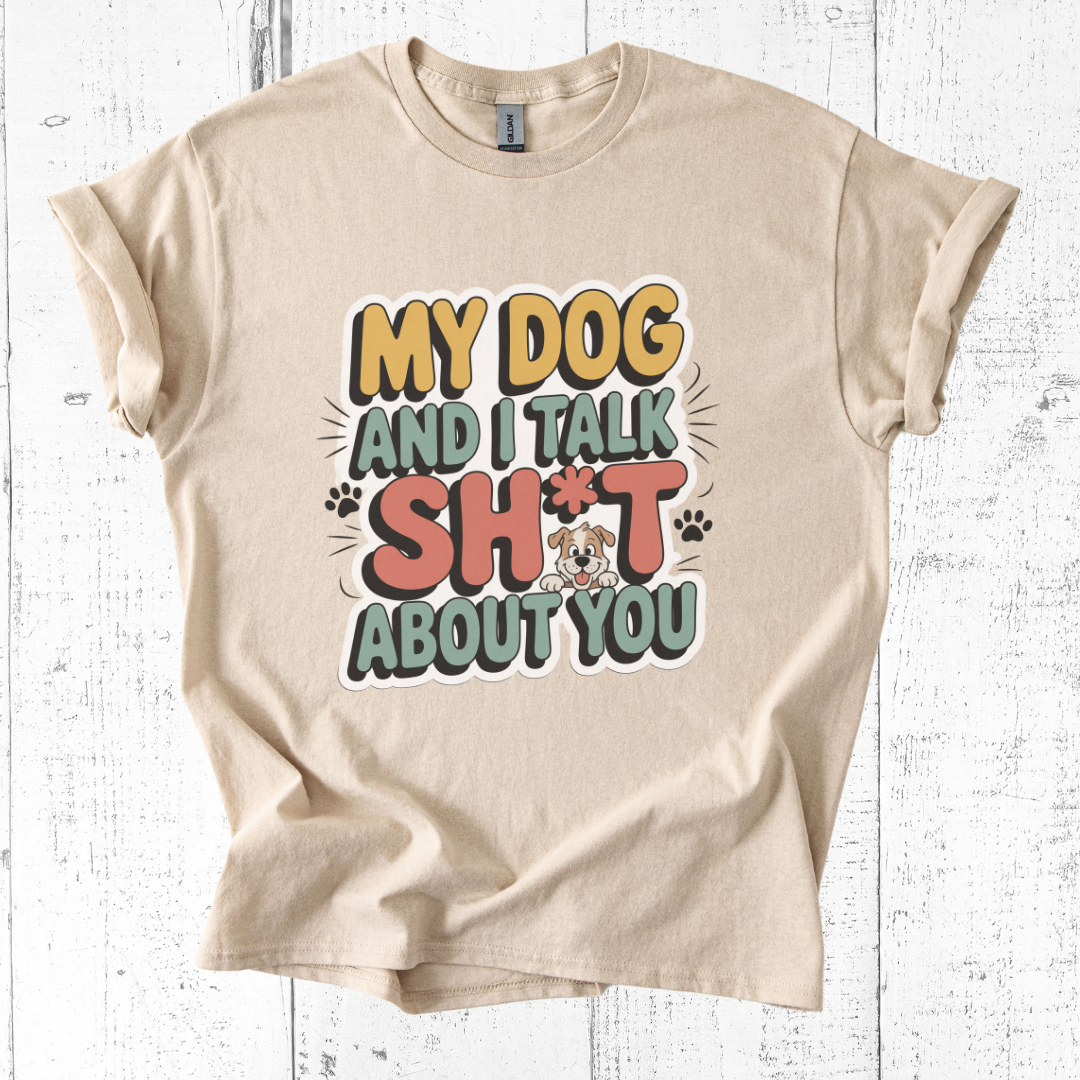Beige t-shirt with humorous text design on a white wooden background