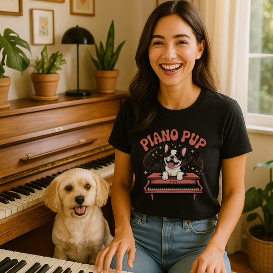 Woman wearing a 'Piano Pup' t-shirt sitting next to a dog in front of a piano.