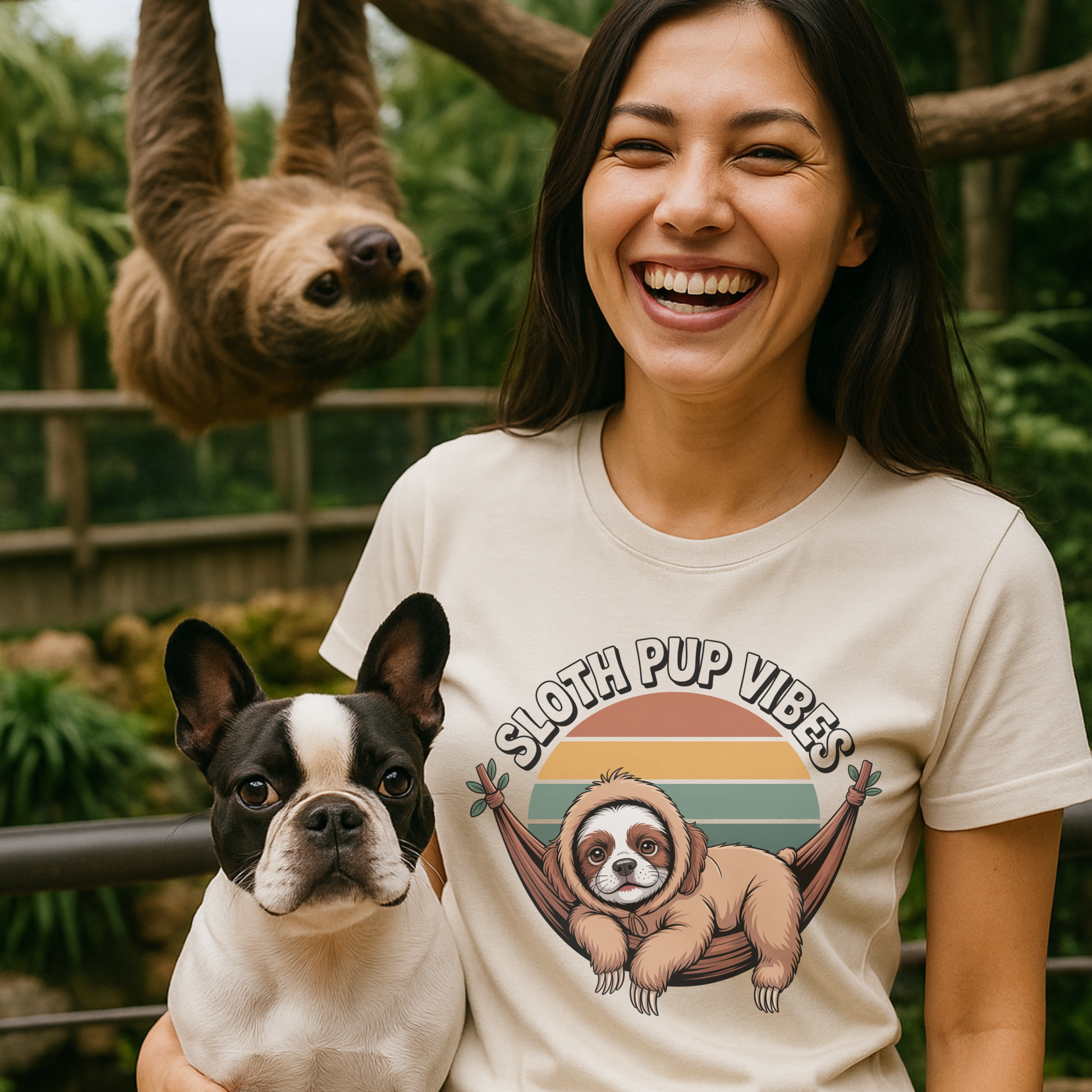 Woman wearing a t-shirt with a sloth graphic and 'Sloth Pup Vibes' text, standing next to a dog with a sloth hanging from a branch.