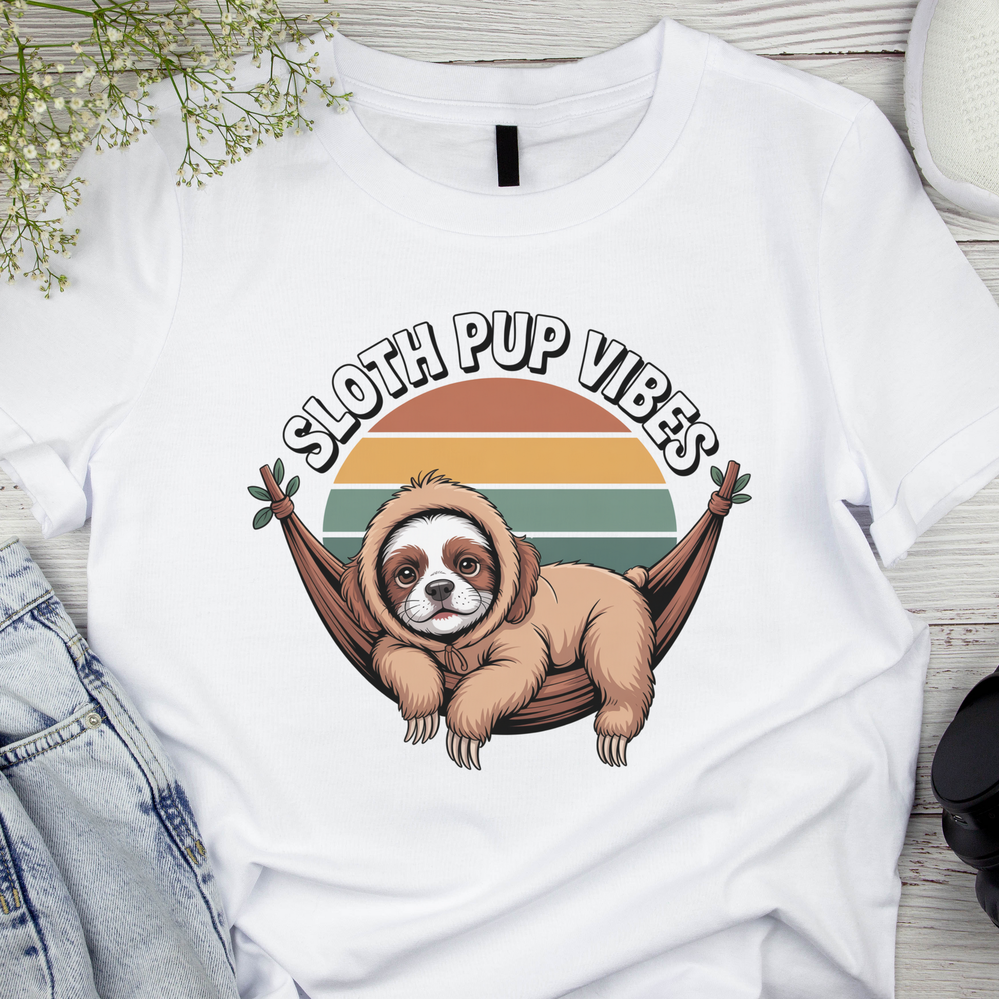 White t-shirt with a sloth graphic and 'Sloth Pup Vibes' text on a wooden surface.